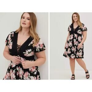 Mini Gauze Lace-Up Skater Dress Floral Boho Size 4X NWT Knee Length